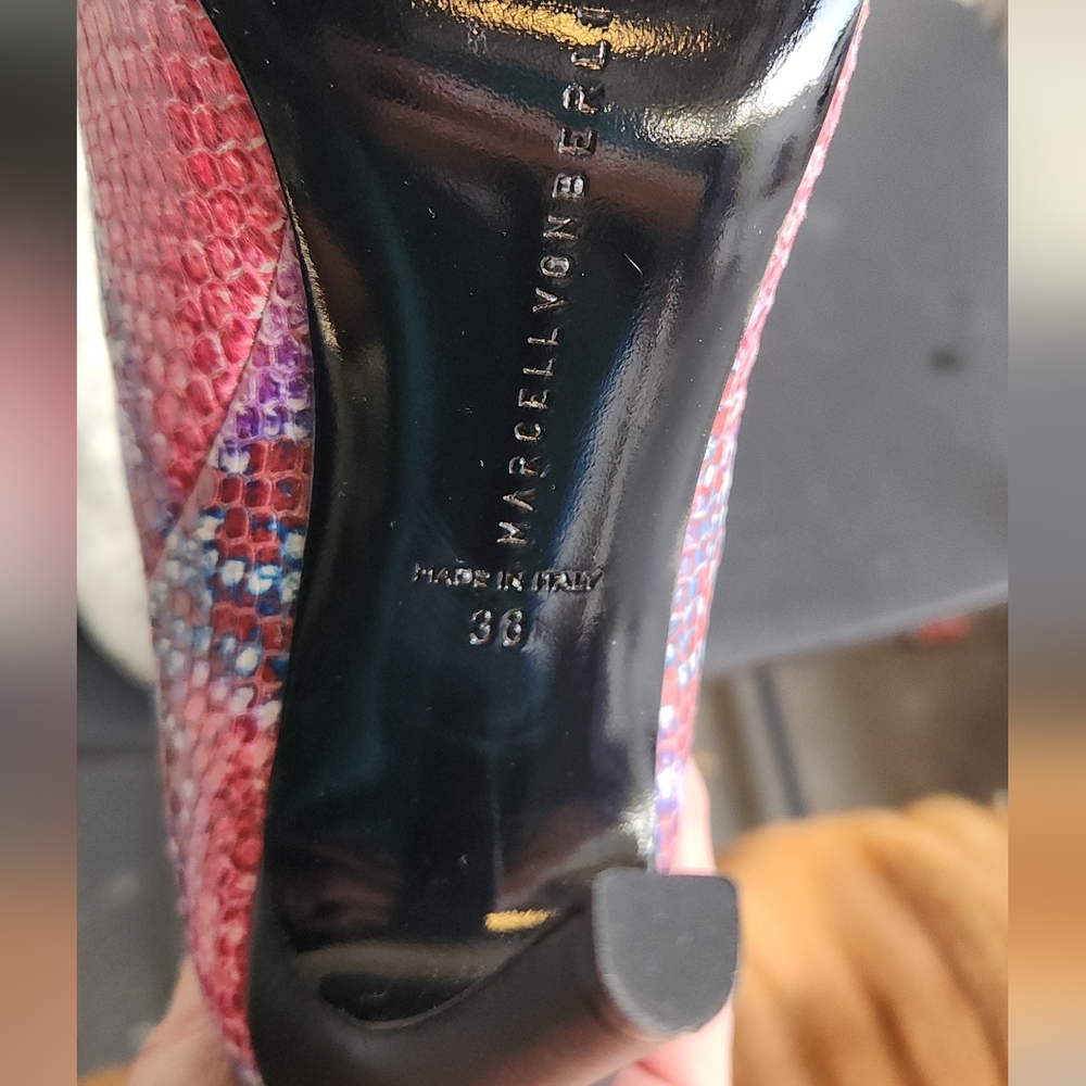 This is a pair of Marcell Von Berlin patent leather printed boots with a red, - Picture 3 of 3